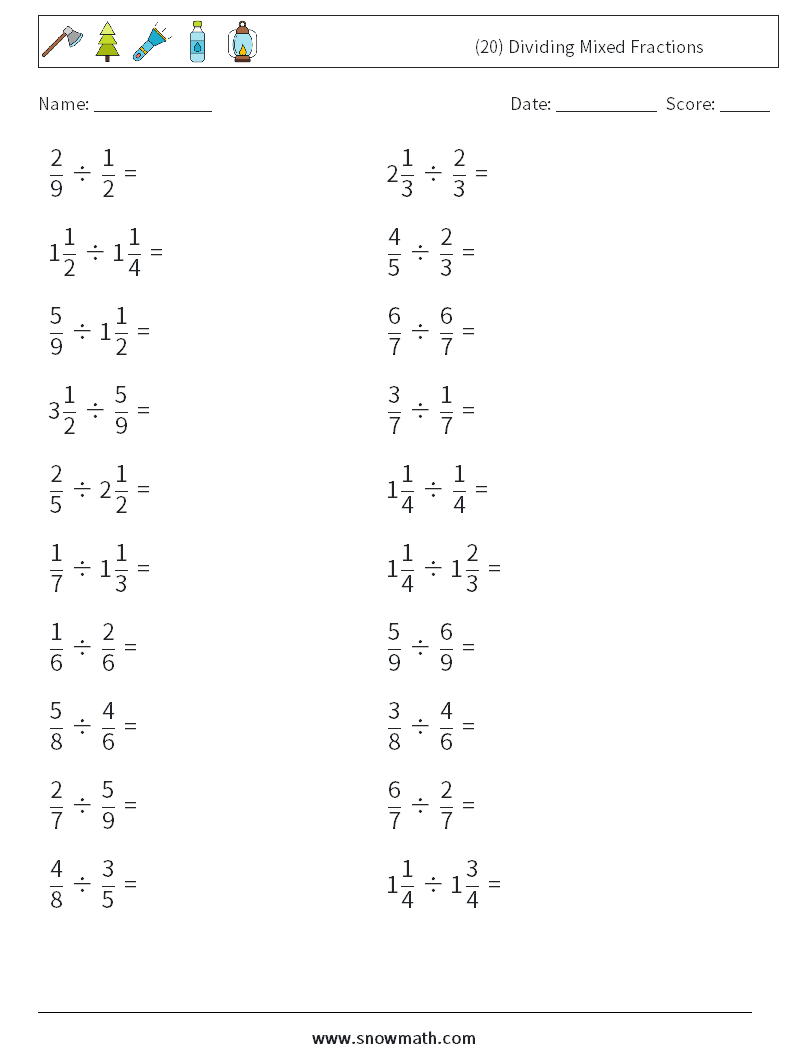 (20) Dividing Mixed Fractions Maths Worksheets 11