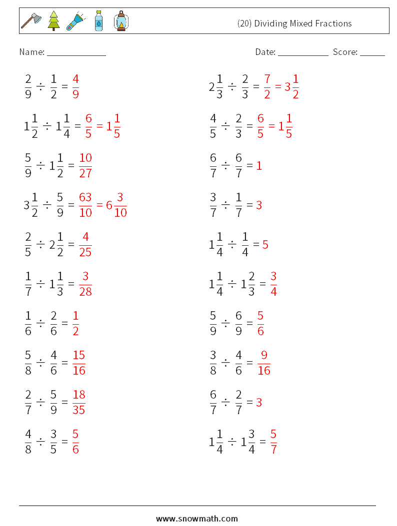 (20) Dividing Mixed Fractions Maths Worksheets 11 Question, Answer