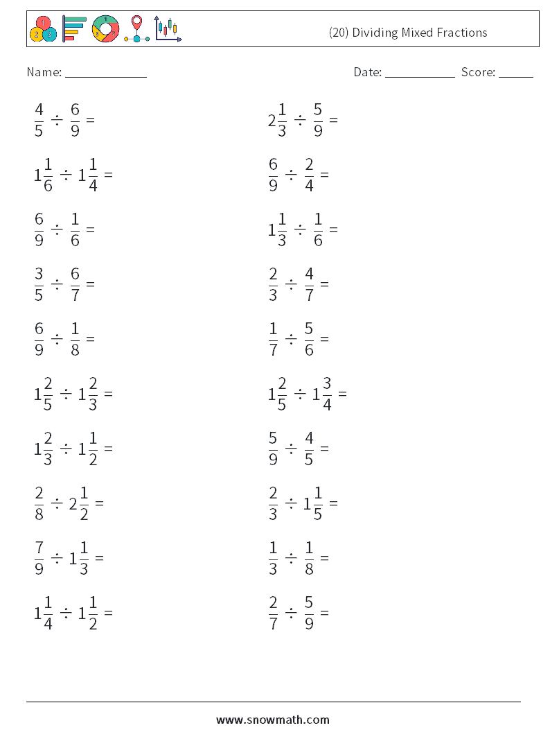 (20) Dividing Mixed Fractions Maths Worksheets 12