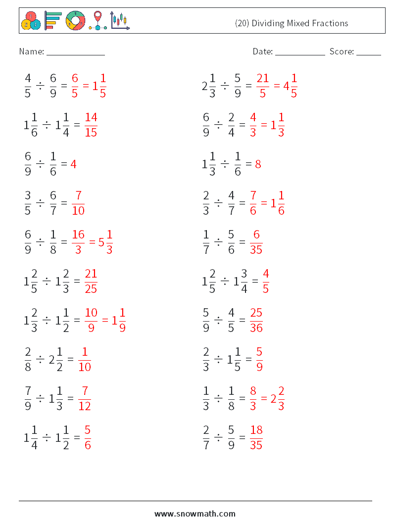 (20) Dividing Mixed Fractions Maths Worksheets 12 Question, Answer