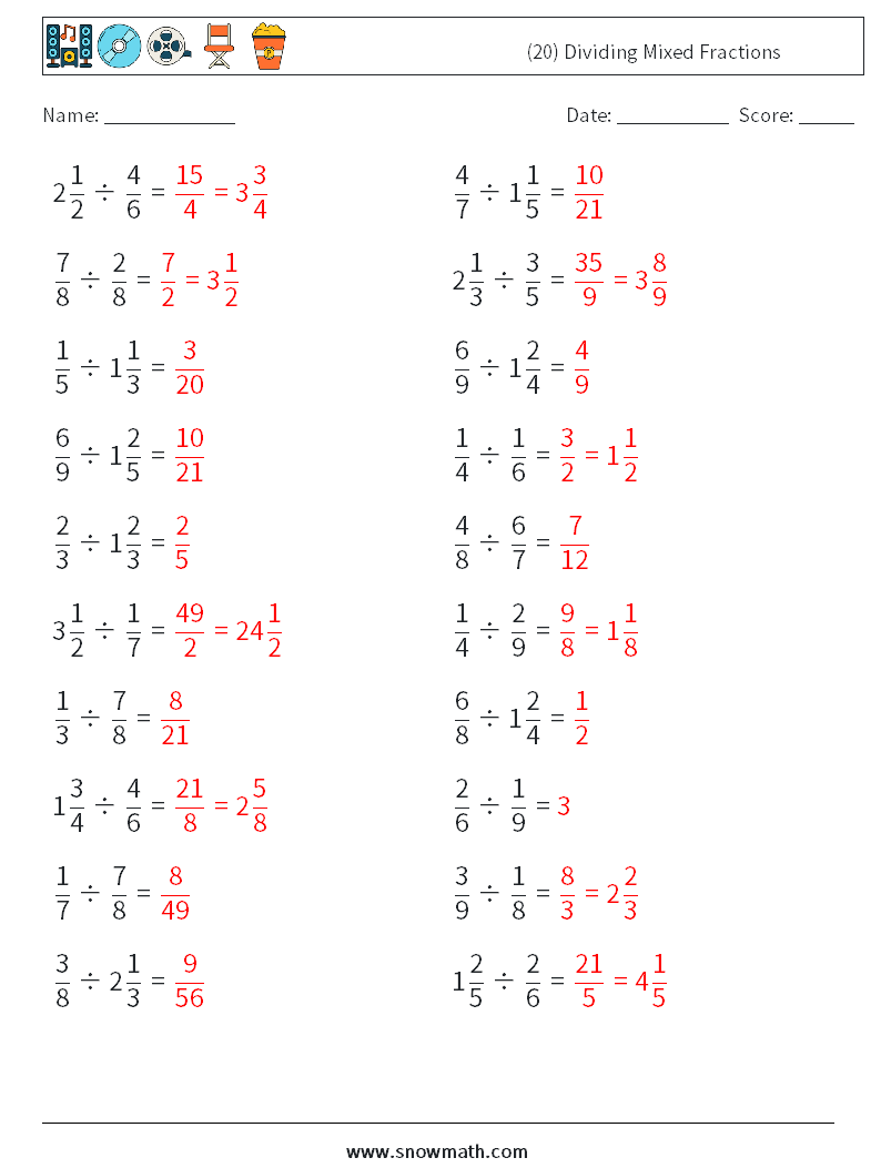 (20) Dividing Mixed Fractions Maths Worksheets 13 Question, Answer