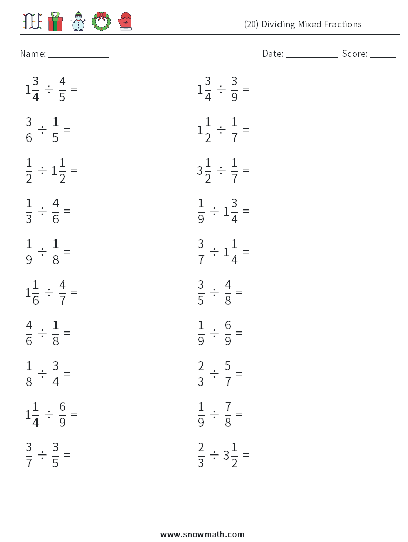 (20) Dividing Mixed Fractions Maths Worksheets 14