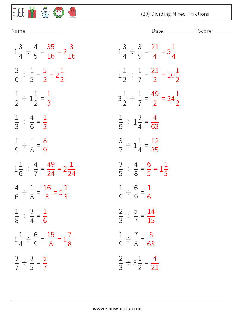 (20) Dividing Mixed Fractions Maths Worksheets 14 Question, Answer