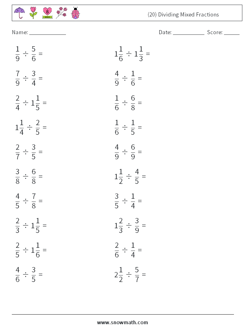 (20) Dividing Mixed Fractions Maths Worksheets 15