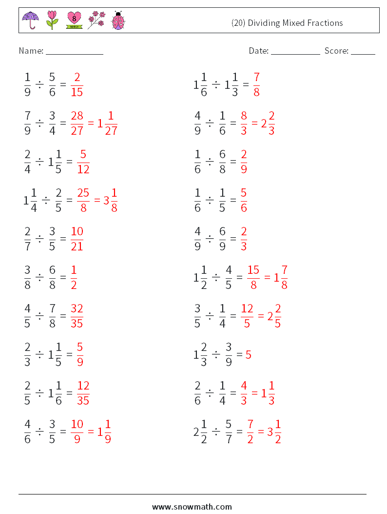 (20) Dividing Mixed Fractions Maths Worksheets 15 Question, Answer