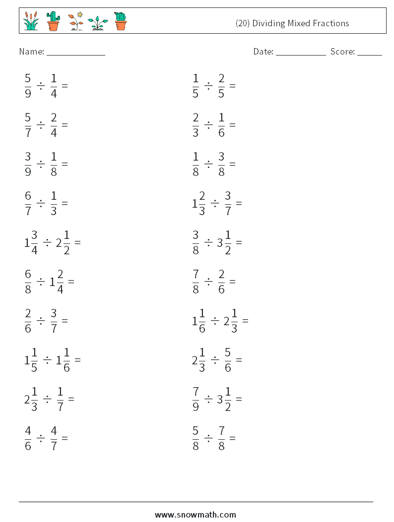 (20) Dividing Mixed Fractions Maths Worksheets 16