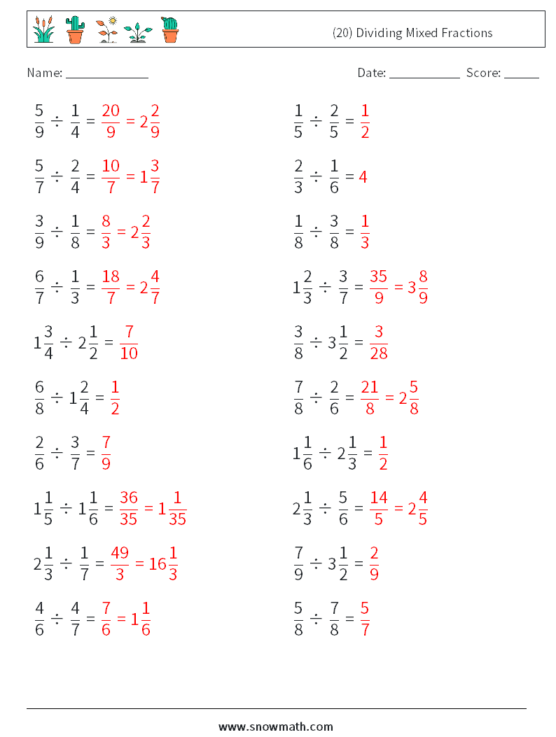(20) Dividing Mixed Fractions Maths Worksheets 16 Question, Answer
