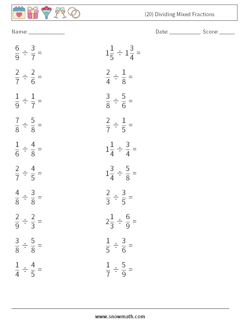 (20) Dividing Mixed Fractions Maths Worksheets 17