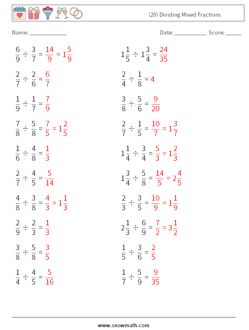 (20) Dividing Mixed Fractions Maths Worksheets 17 Question, Answer