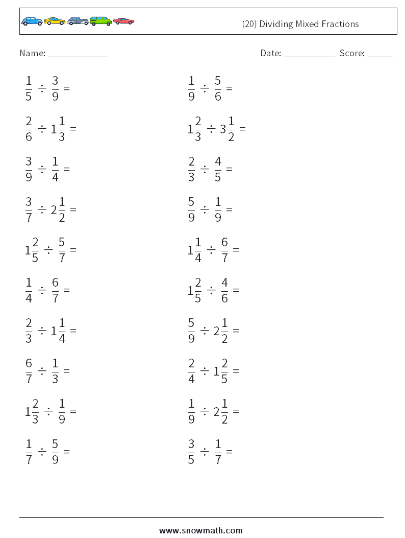 (20) Dividing Mixed Fractions Maths Worksheets 18