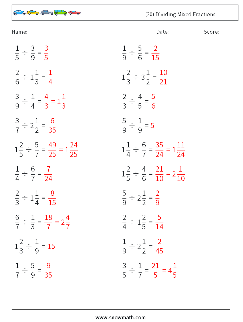(20) Dividing Mixed Fractions Maths Worksheets 18 Question, Answer