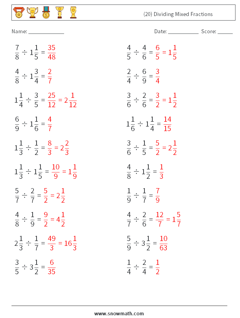 (20) Dividing Mixed Fractions Maths Worksheets 1 Question, Answer