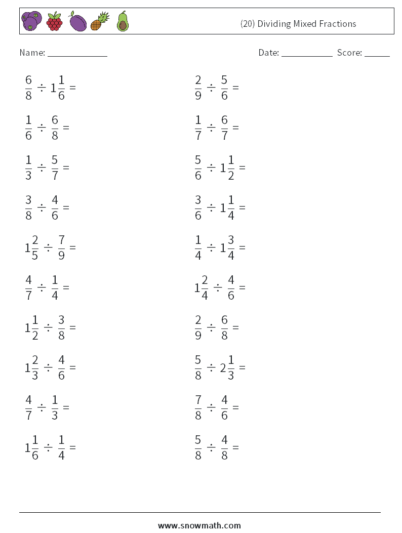 (20) Dividing Mixed Fractions Maths Worksheets 2