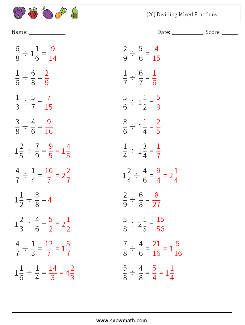 (20) Dividing Mixed Fractions Maths Worksheets 2 Question, Answer