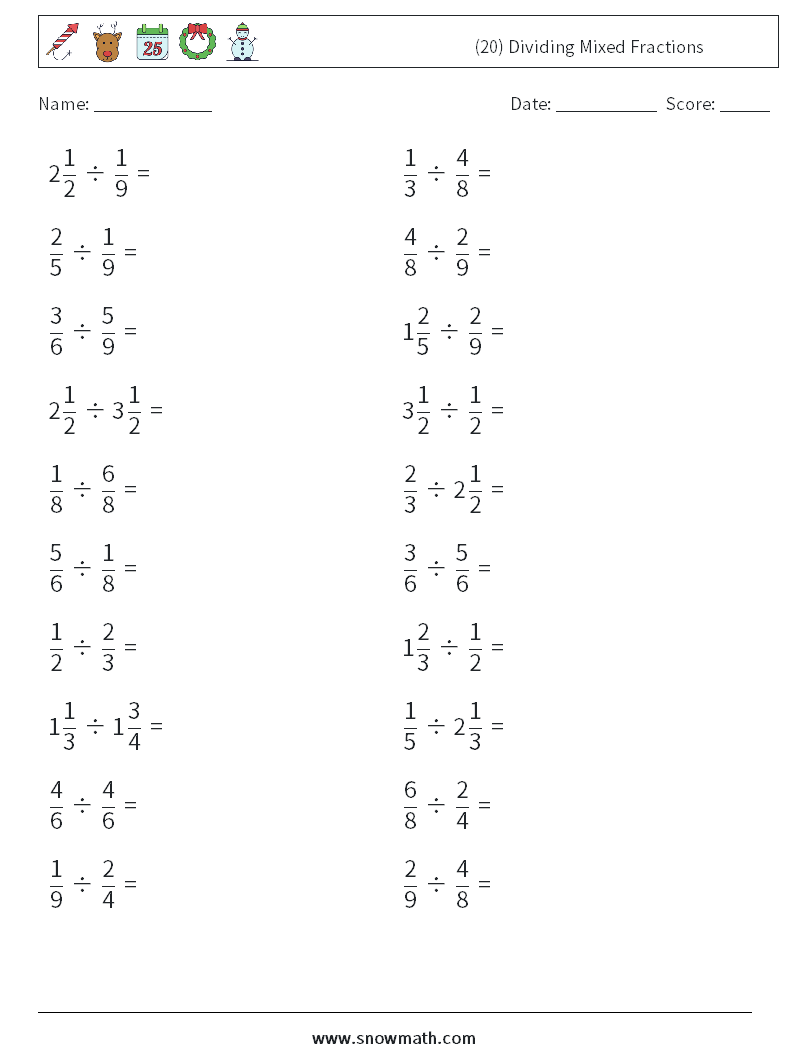 (20) Dividing Mixed Fractions Maths Worksheets 3