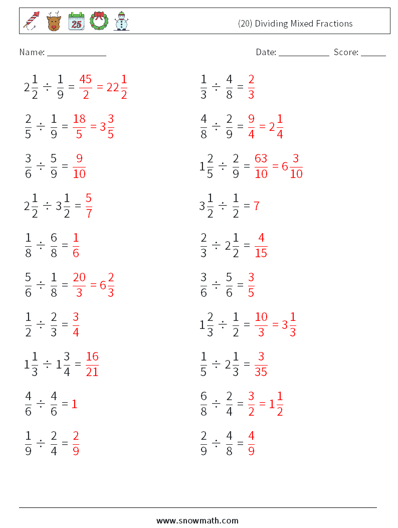 (20) Dividing Mixed Fractions Maths Worksheets 3 Question, Answer