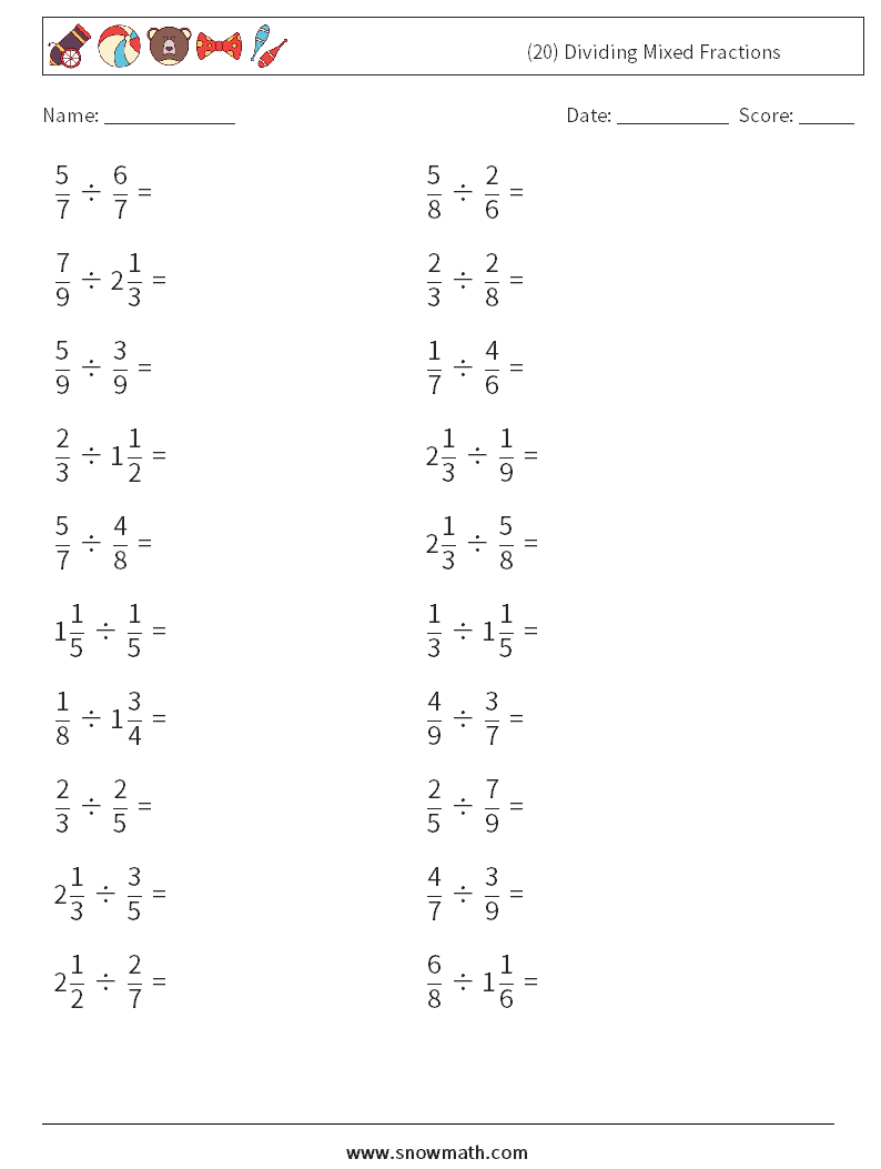 (20) Dividing Mixed Fractions Maths Worksheets 4