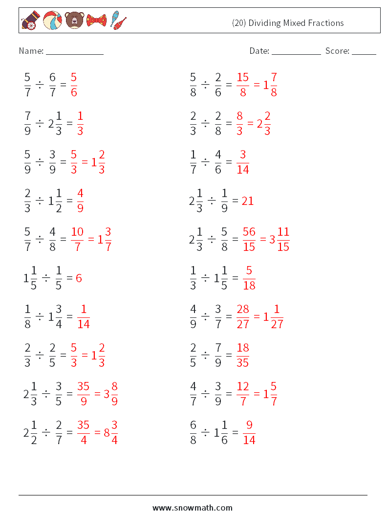 (20) Dividing Mixed Fractions Maths Worksheets 4 Question, Answer