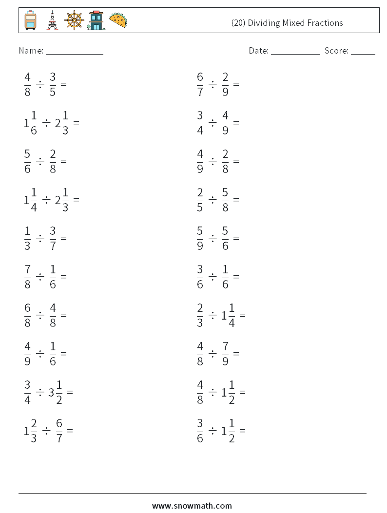 (20) Dividing Mixed Fractions Maths Worksheets 5
