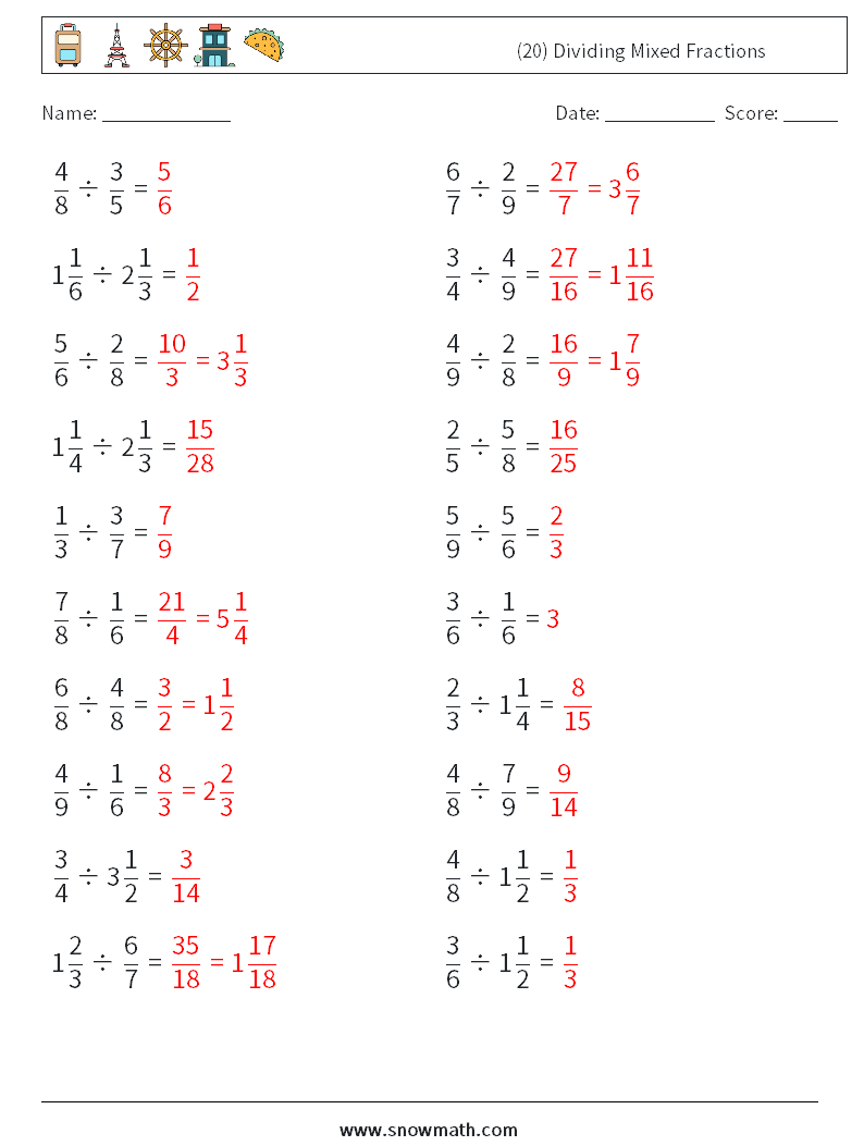 (20) Dividing Mixed Fractions Maths Worksheets 5 Question, Answer