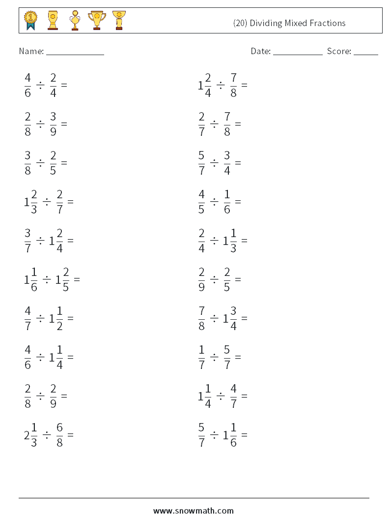 (20) Dividing Mixed Fractions Maths Worksheets 6