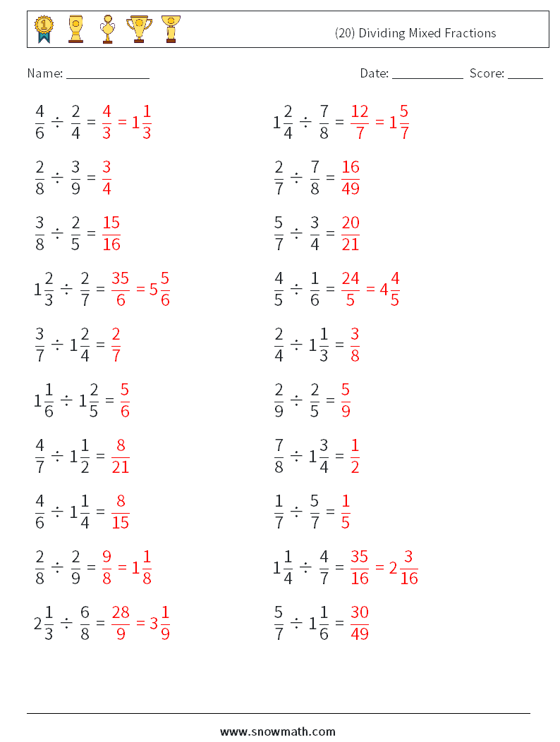 (20) Dividing Mixed Fractions Maths Worksheets 6 Question, Answer