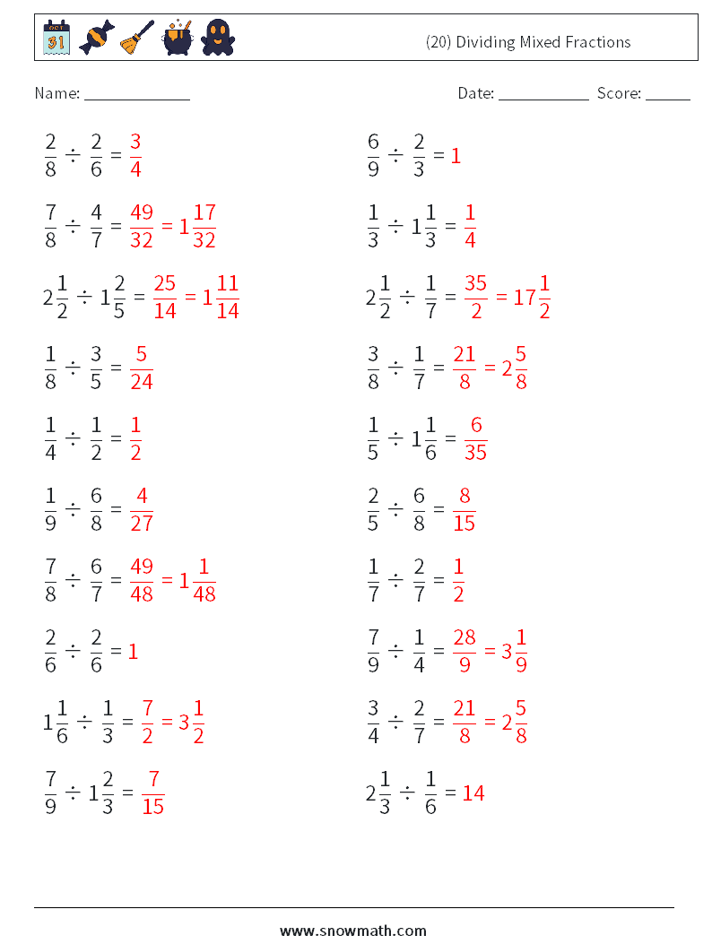 (20) Dividing Mixed Fractions Maths Worksheets 7 Question, Answer