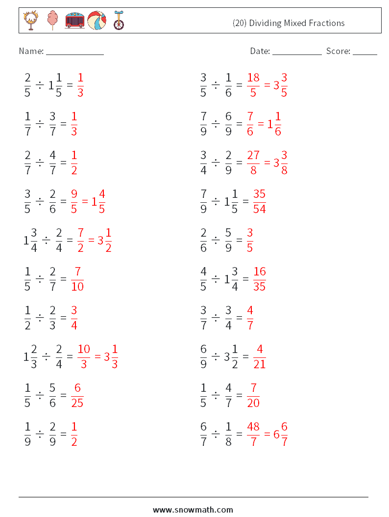 (20) Dividing Mixed Fractions Maths Worksheets 8 Question, Answer