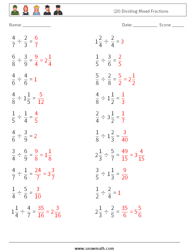 (20) Dividing Mixed Fractions Maths Worksheets 9 Question, Answer