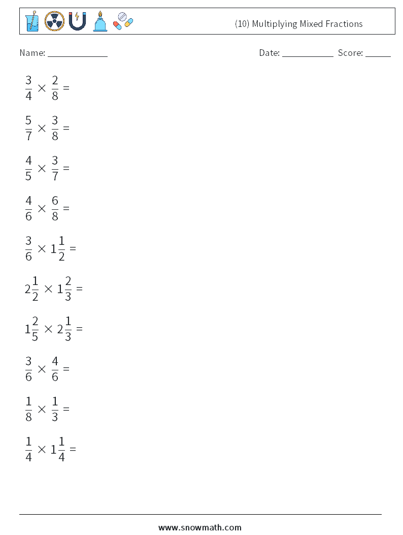 (10) Multiplying Mixed Fractions Maths Worksheets 10