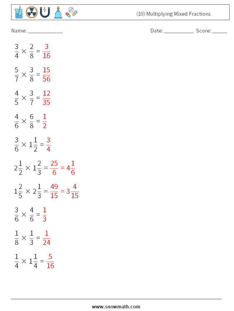 (10) Multiplying Mixed Fractions Maths Worksheets 10 Question, Answer