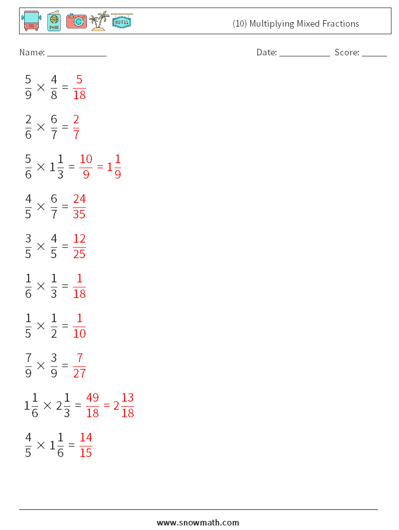 (10) Multiplying Mixed Fractions Maths Worksheets 11 Question, Answer