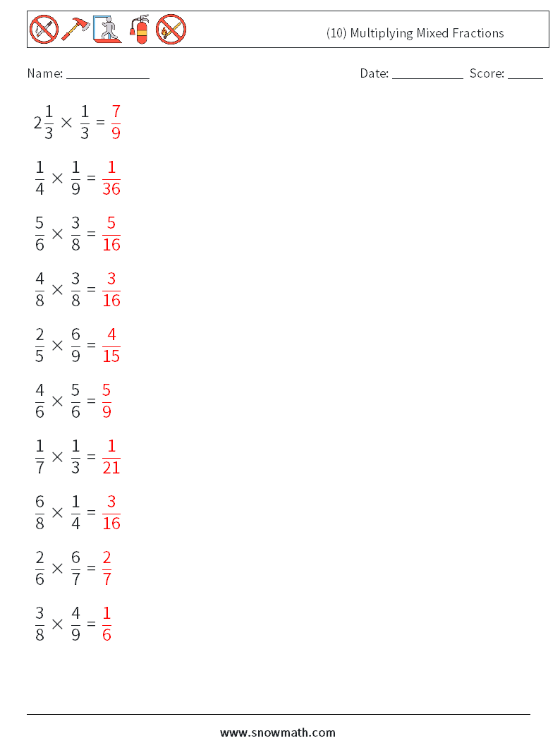 (10) Multiplying Mixed Fractions Maths Worksheets 12 Question, Answer