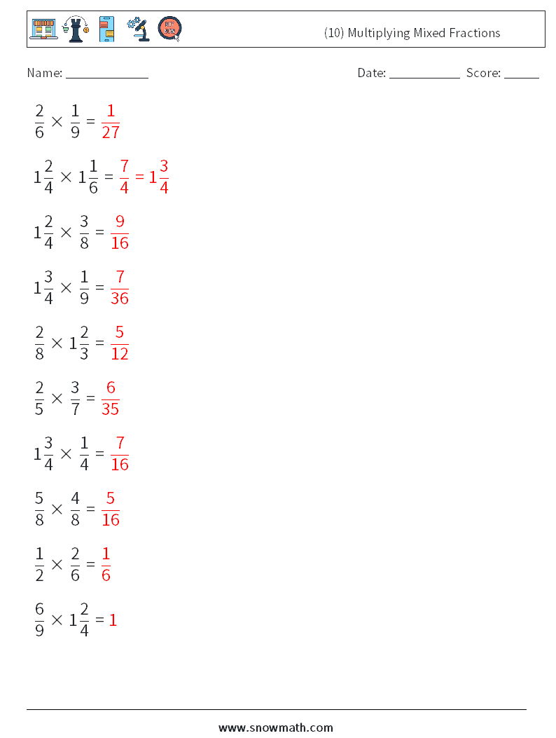 (10) Multiplying Mixed Fractions Maths Worksheets 13 Question, Answer