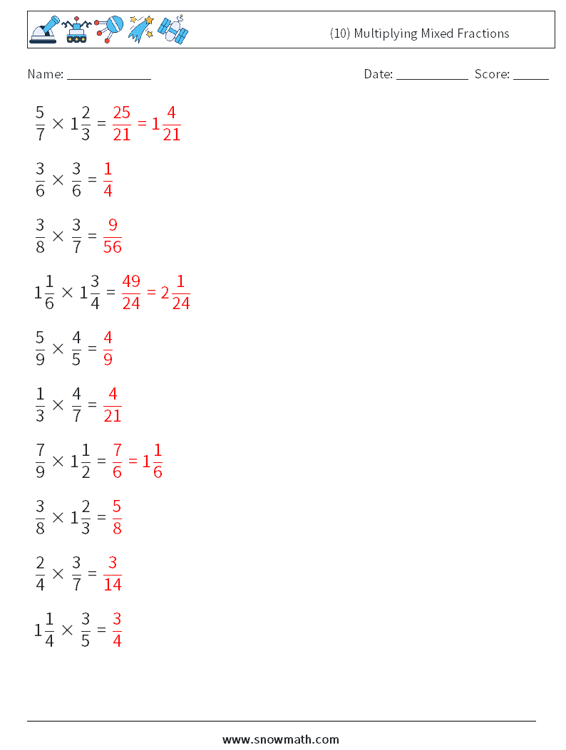 (10) Multiplying Mixed Fractions Maths Worksheets 14 Question, Answer
