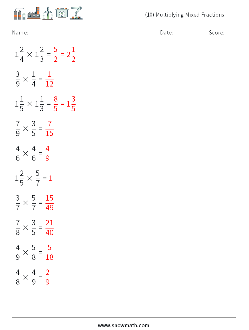 (10) Multiplying Mixed Fractions Maths Worksheets 15 Question, Answer