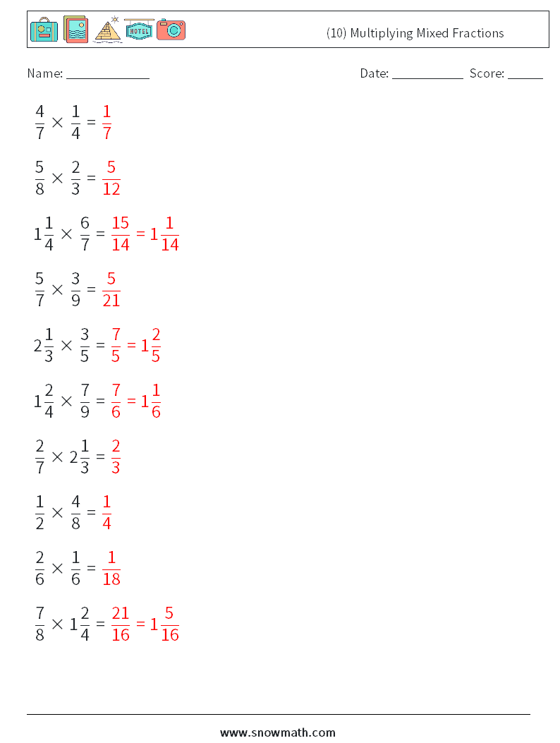 (10) Multiplying Mixed Fractions Maths Worksheets 16 Question, Answer