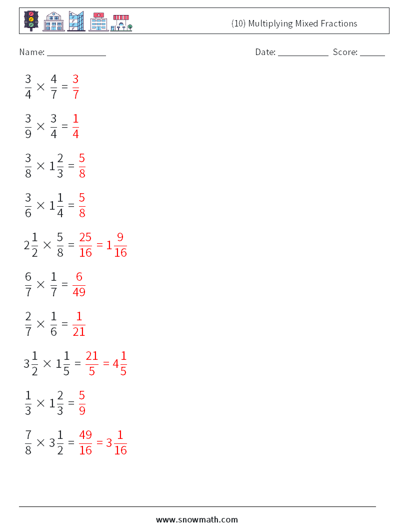 (10) Multiplying Mixed Fractions Maths Worksheets 17 Question, Answer