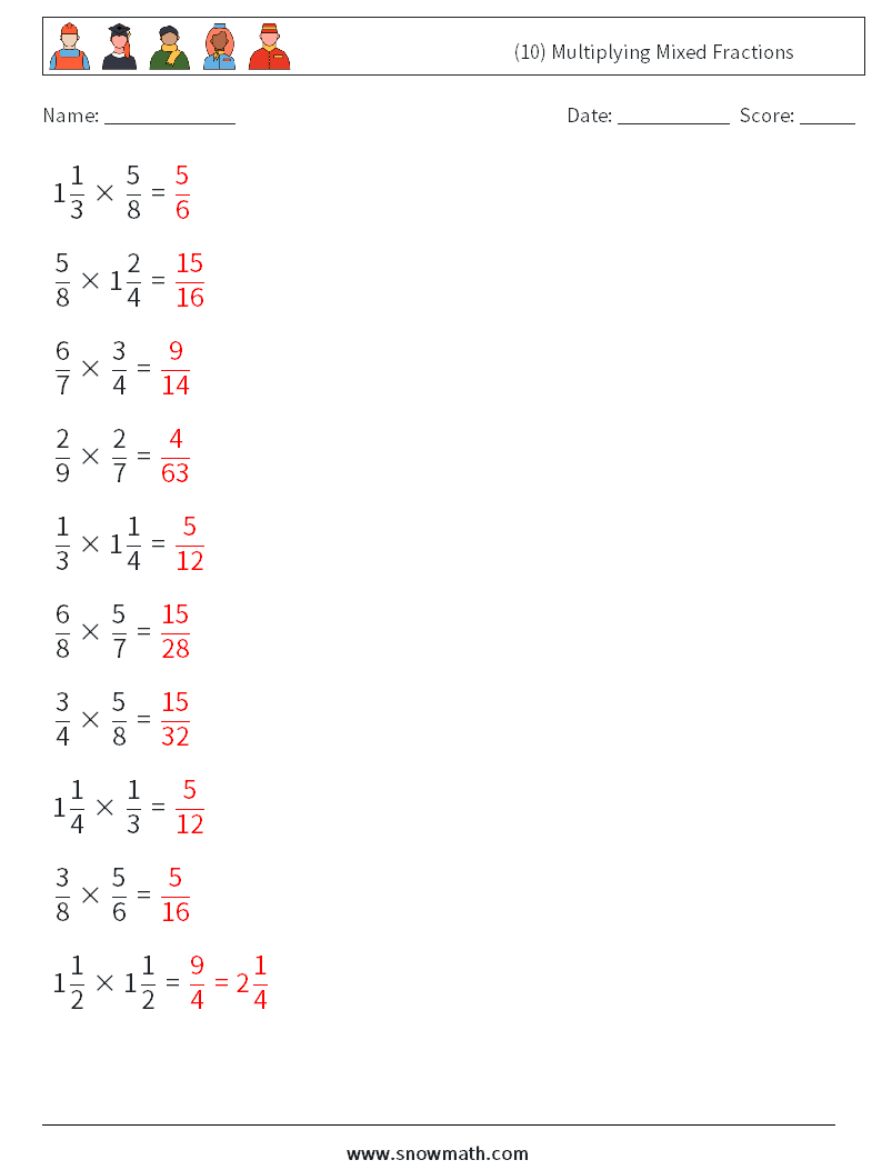 (10) Multiplying Mixed Fractions Maths Worksheets 18 Question, Answer