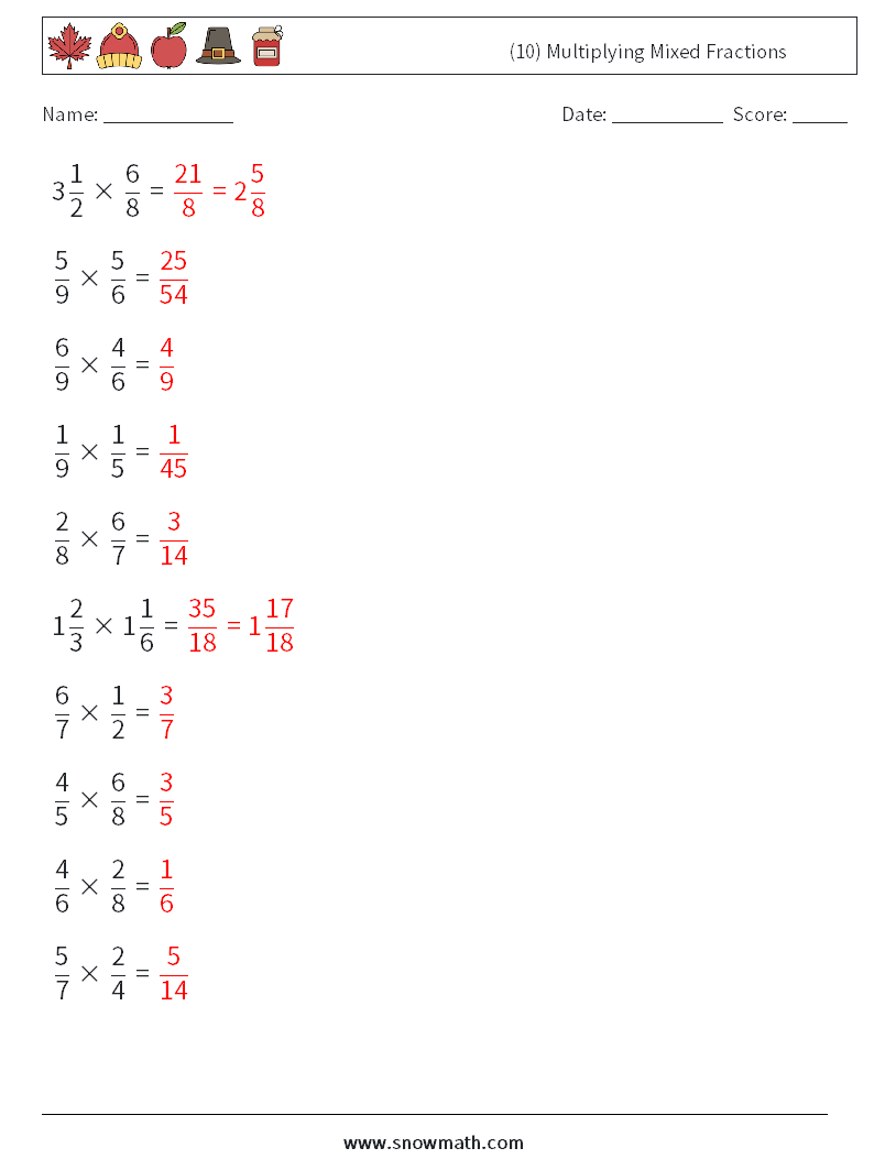 (10) Multiplying Mixed Fractions Maths Worksheets 4 Question, Answer