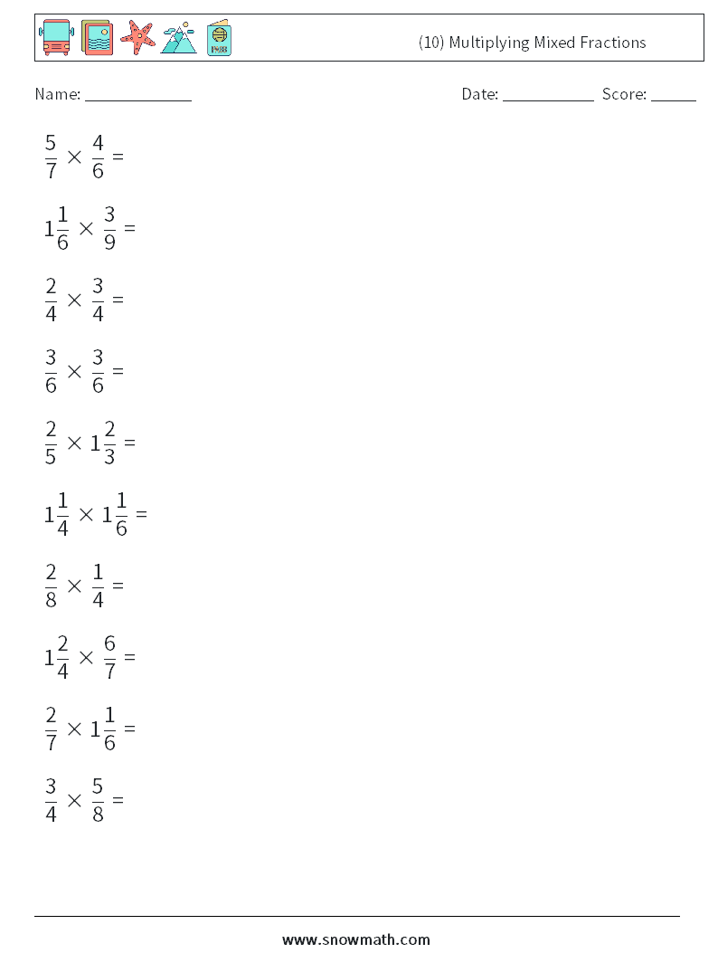 (10) Multiplying Mixed Fractions Maths Worksheets 5