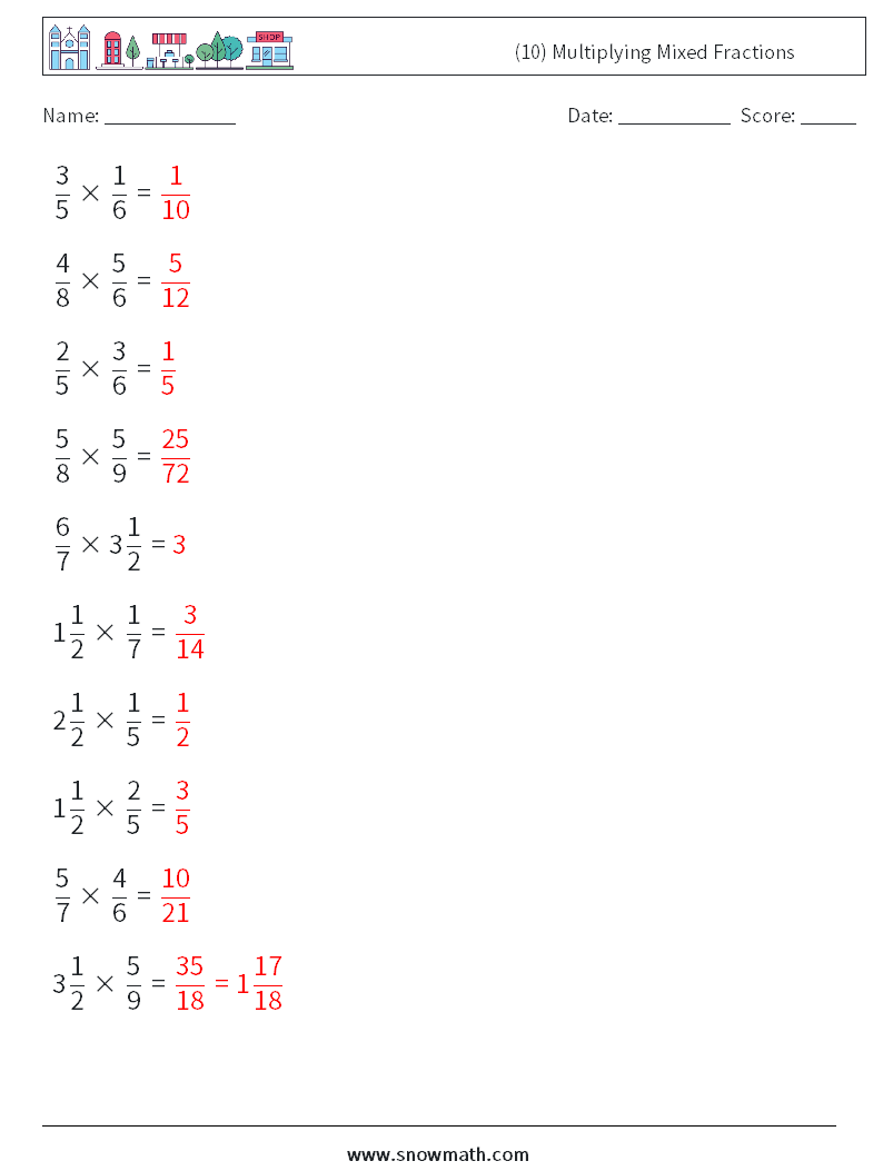 (10) Multiplying Mixed Fractions Maths Worksheets 6 Question, Answer
