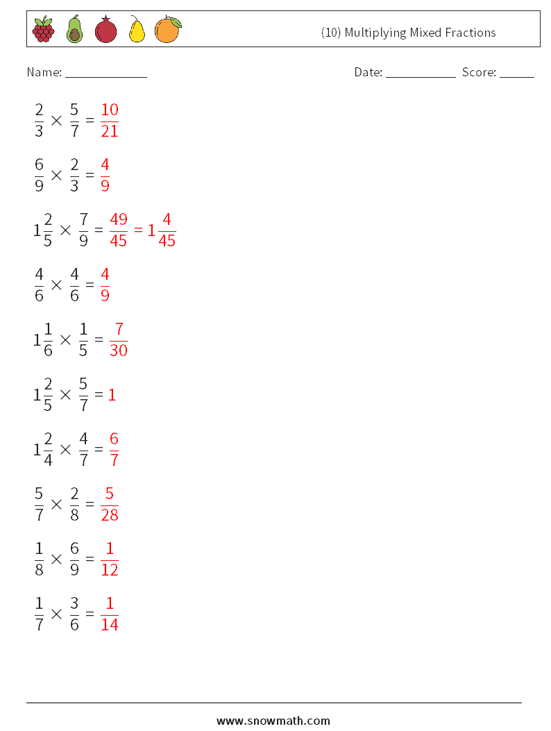 (10) Multiplying Mixed Fractions Maths Worksheets 7 Question, Answer