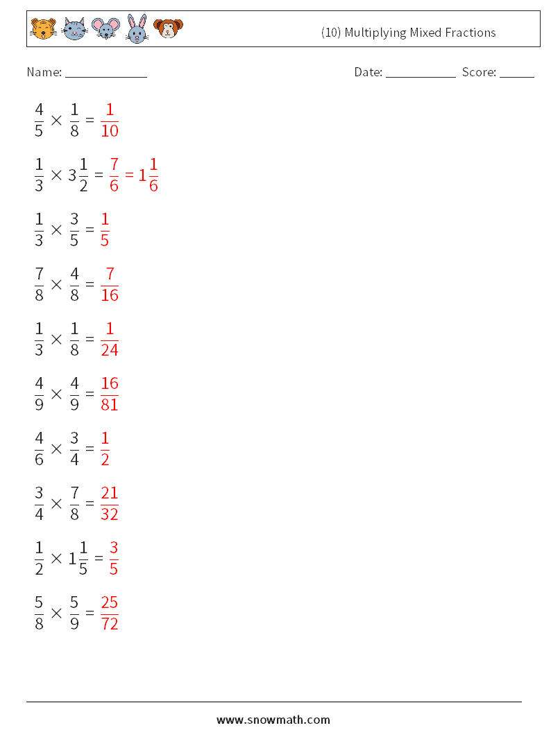 (10) Multiplying Mixed Fractions Maths Worksheets 8 Question, Answer