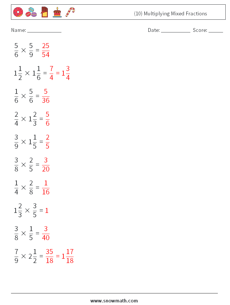 (10) Multiplying Mixed Fractions Maths Worksheets 9 Question, Answer