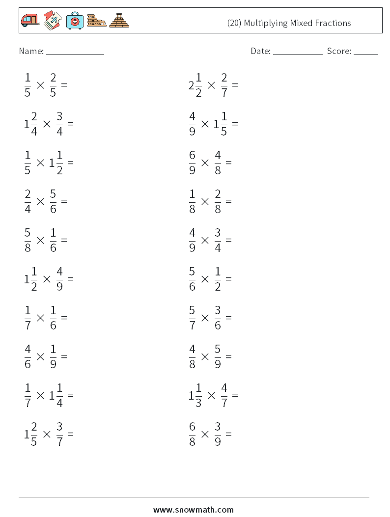 (20) Multiplying Mixed Fractions Maths Worksheets 1
