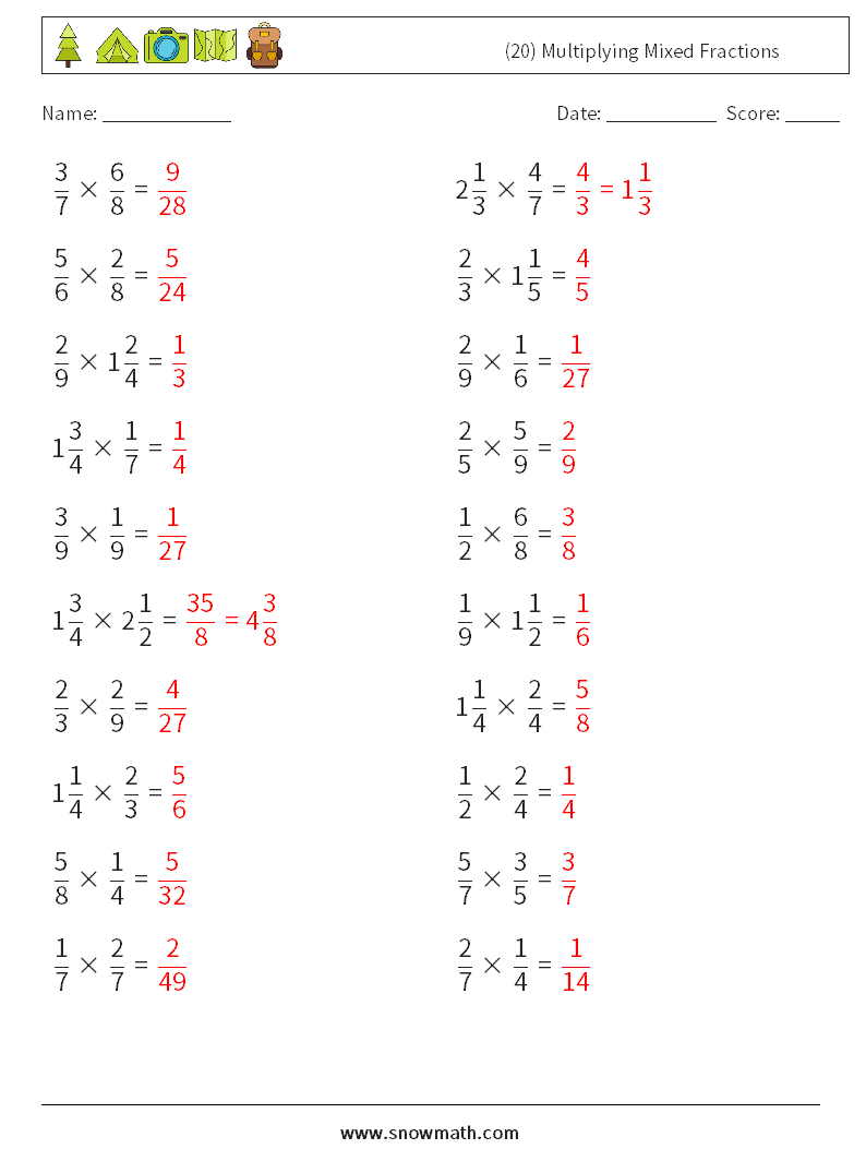 (20) Multiplying Mixed Fractions Maths Worksheets 11 Question, Answer