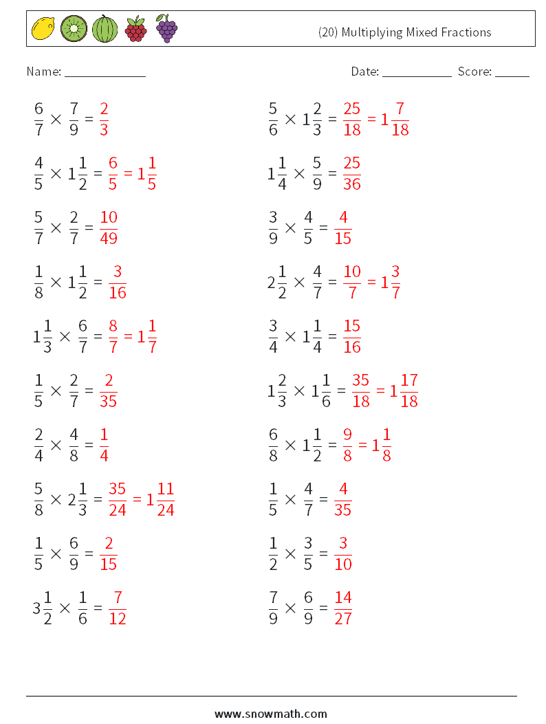 (20) Multiplying Mixed Fractions Maths Worksheets 15 Question, Answer