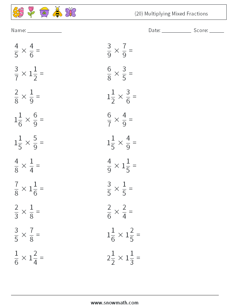 (20) Multiplying Mixed Fractions Maths Worksheets 2