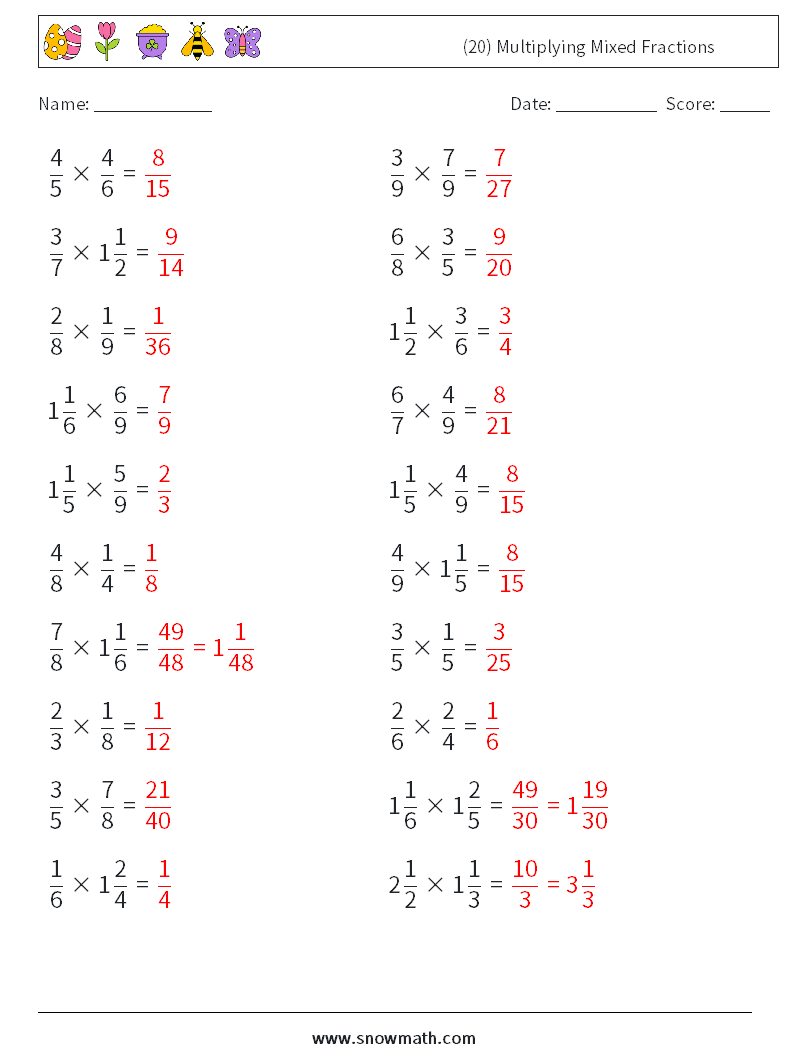 (20) Multiplying Mixed Fractions Maths Worksheets 2 Question, Answer